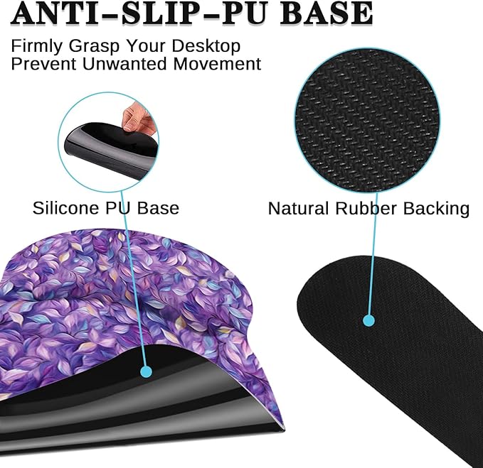 Britimes Purple Leaves Oil Painting Mouse Pad 3pcs Set with Wrist Support Non-Slip Rubber Base Ergonomic Pad,Mouse Wrist Cushion Support and Coasters for Home Office Gaming Easy Typing & Pain Relief