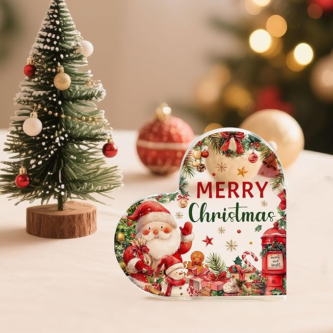 Christmas Home Decorations 3.9 Inch Christmas Plaque Acrylic Santa Decor Plaques for Family Friends Table Decor