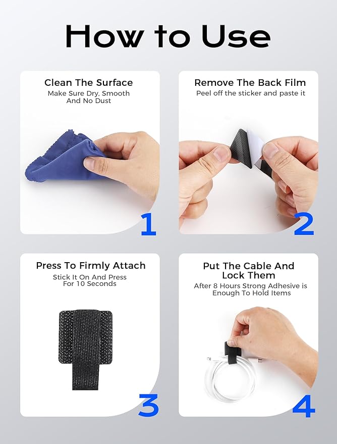 200pcs Hook and Loop Cable Ties, gliship Adhesive Wire Management, Adjustable Cable Straps Cord Wrappers Keeper Cord Holder, Sticky-back Cord Organizer for Kitchen Appliances at Office, Home - Black