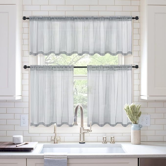 MIULEE Short Sheer Curtains 30 Inch Length for Kitchen Bathroom Cafe Half Window Treatment, Rod Pocket Tier Curtains 2 Panels, 29x30 Inches Long, Dark Grey
