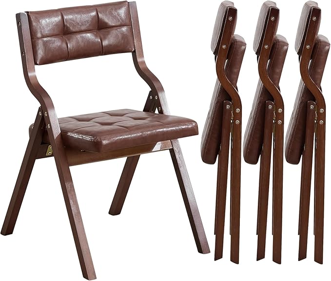 4-Pack Folding Dining Chairs with Cushion,Faux Leather Padded Foldable Dining Chairs,Portable Wooden Folding Chairs for Dining Rooms Kitchen Wedding and Party Indoor Brown
