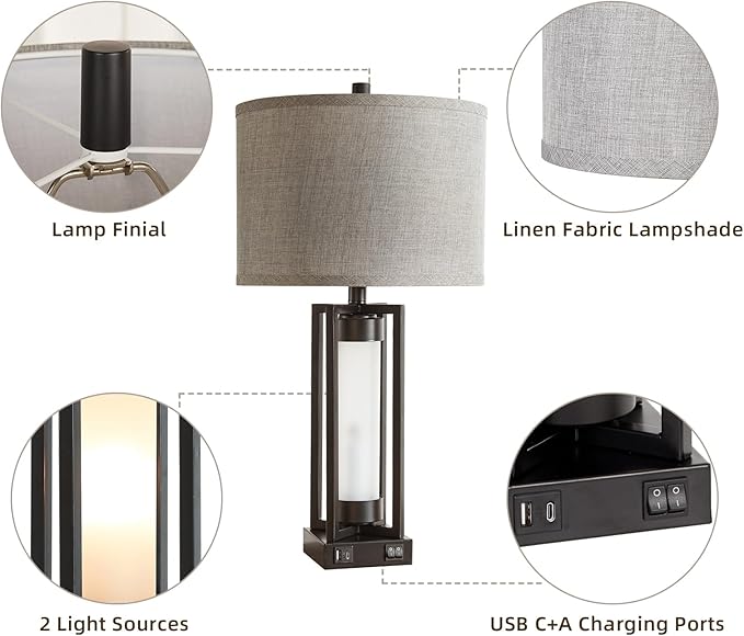 RORIANO Set of 2 Modern Table Lamps for Living Room with USB C+A Ports, Rustic Nightstand Lamp with White Night Light, Retro Desk Lamp for Bedroom End Table Entryway, 4 Bulb Included (Black)