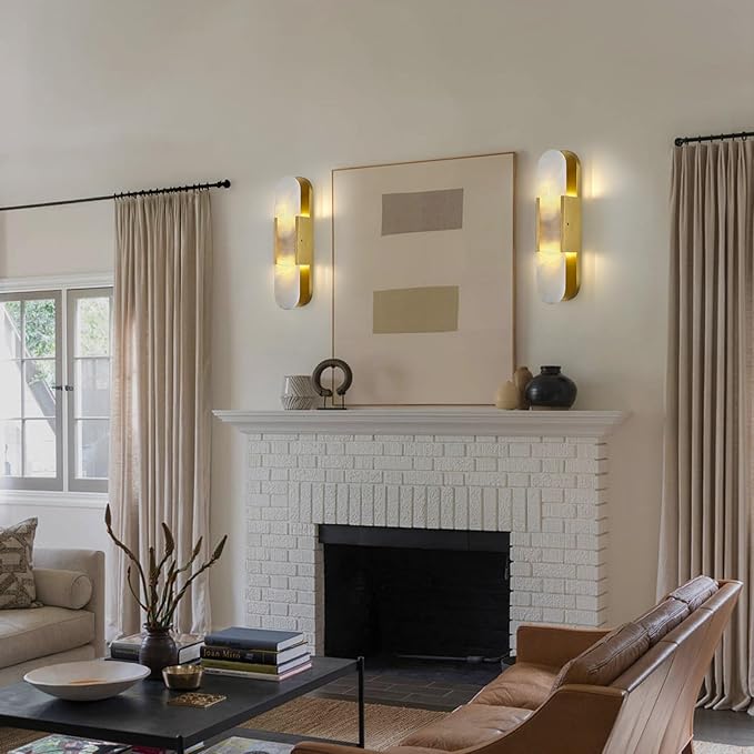 19.7in Brass Alabaster Wall Sconces, Natural Marble Wall Sconces Set of Two Indoor Alabaster Sconces for Living Room Modern Alabaster Sconces Wall Lighting for Dining Room Stairs Bedroom
