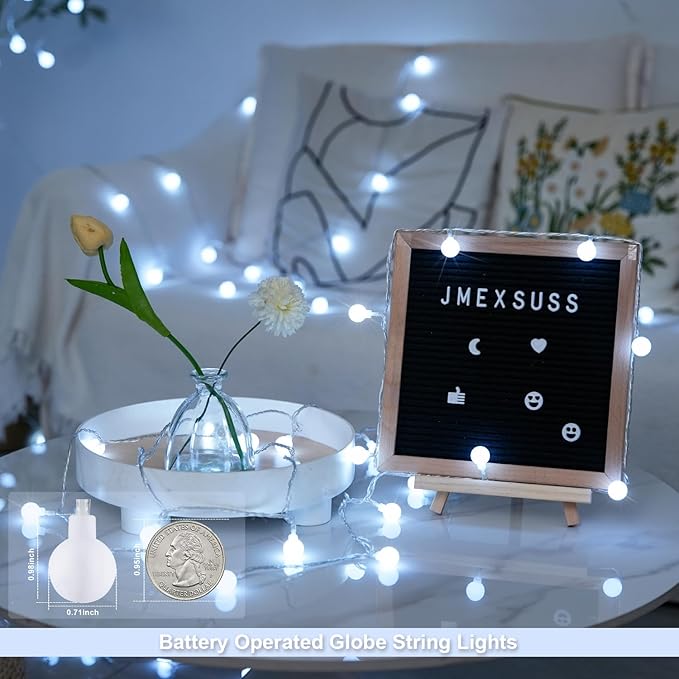 JMEXSUSS Globe String Lights Battery Operated - 100 LED White Fairy Lights Indoor Outdoor Waterproof 33FT Battery Powered String Lights with Remote for Wedding Bedroom Classroom Camping Decor