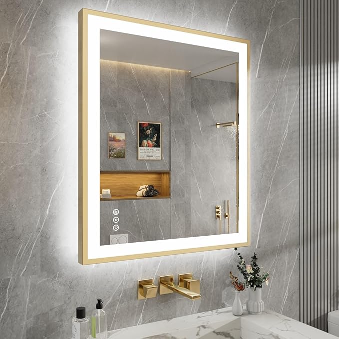 30x36 LED Bathroom Mirror with Gold Frame, Backlit and Front Lighted Bathroom Mirrors for Wall, Anti-Fog, Dimmable, Memory, Shatterproof, LED Vanity Mirror for Bathroom(Horizontal/Vertical)