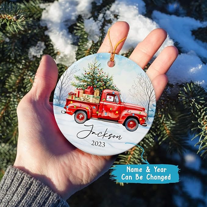 Merry Christmas Ceramic Ornament, Personalized Santa Truck Ornaments, Gift for Truckers, Custom Name Trucker Ornament for Dad Son, Red Truck Christmas Tree Decorations, Trucks Lovers Xmas Gifts