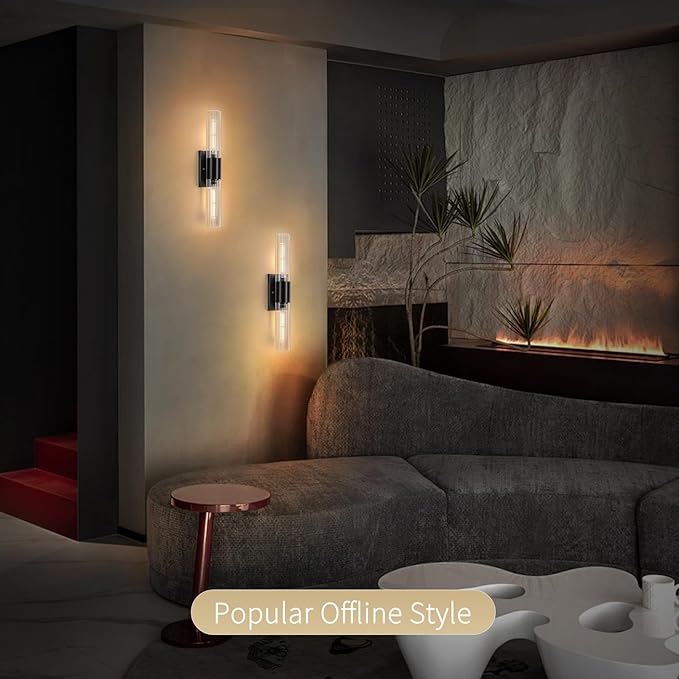 Wall Sconces Set of Two - Black Bathroom Sconces Wall Lighting with Threaded Glass Wall Lighting Fixtures Mounted Lamps for Bedroom, Bathroom, Living Room, Hallway (Black Water Pattern)