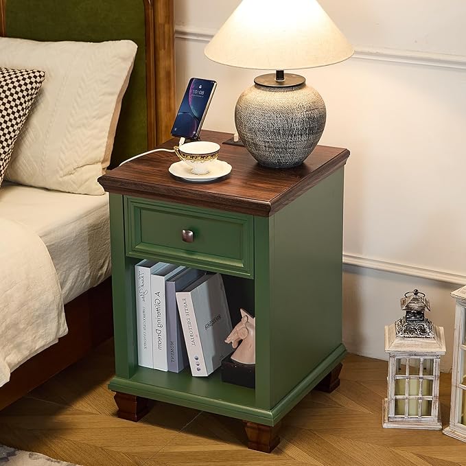Farmhouse End Tables Living Room Set of 2, Rustic Wood Nightstand with 1 Drawer, Bedside Table with Open Shelf for Bed Room, Side Table for Living Room, Green