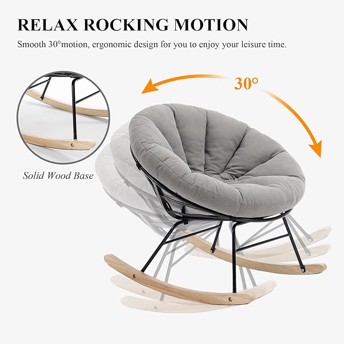 NIOIIKIT Nursery Saucer Rocking Chair, Corduroy Upholstered Round Glider Chair, Nursing Chair with Comfy Cushion, Tufted Papasan Chair, Cozy Reading Chair for Living Room, Bedroom (Grey)