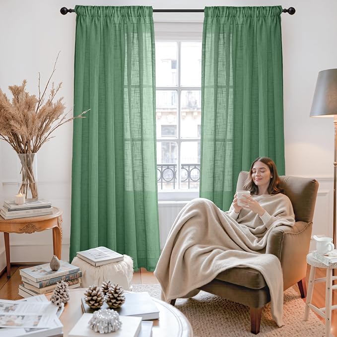 YoungsTex Green Linen Semi Sheer Curtains 84 Inch Length for Living Room 2 Panels, Light Filtering Window Treatments Rustic Textured with Rod Pocket Back Tab for Dining Bedroom, 52 X 84 Inch