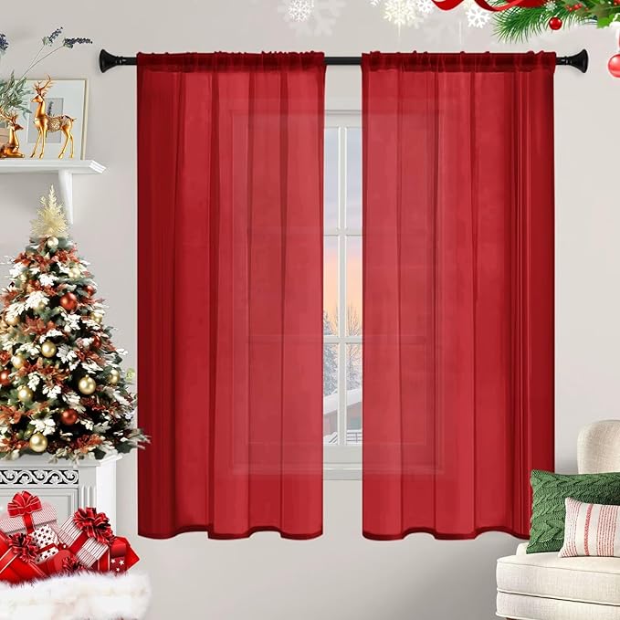 Sheer Curtains 54 Inches Long 2 Panels, Rod Pocket Short Curtain for Kitchen, Bedroom, Cafe Window(Christmas Red 38" W x 54" L)