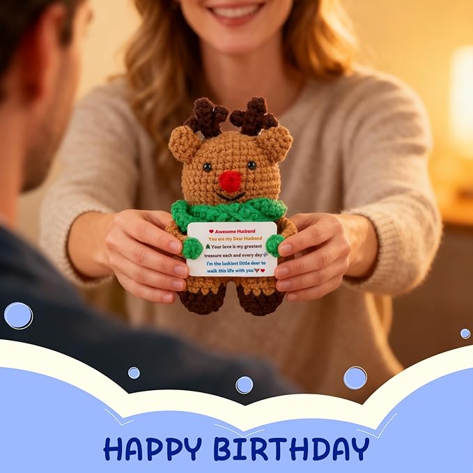 Mini Cute Deer Gifts for Husband Handmade Crochet Reindeer Present Wedding Anniversary Thanksgiving Christmas Birthday Gift for Him Man from Wife Office Home Emotional Decor Doll