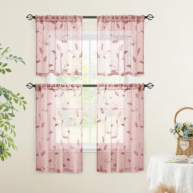 HOMEIDEAS Blush Pink Sheer Kitchen Curtains 30 X 36 Inch Length 2 Panels Embroidered Leaf Pattern Short Bathroom Window Curtains for Small Window Valance Tiers