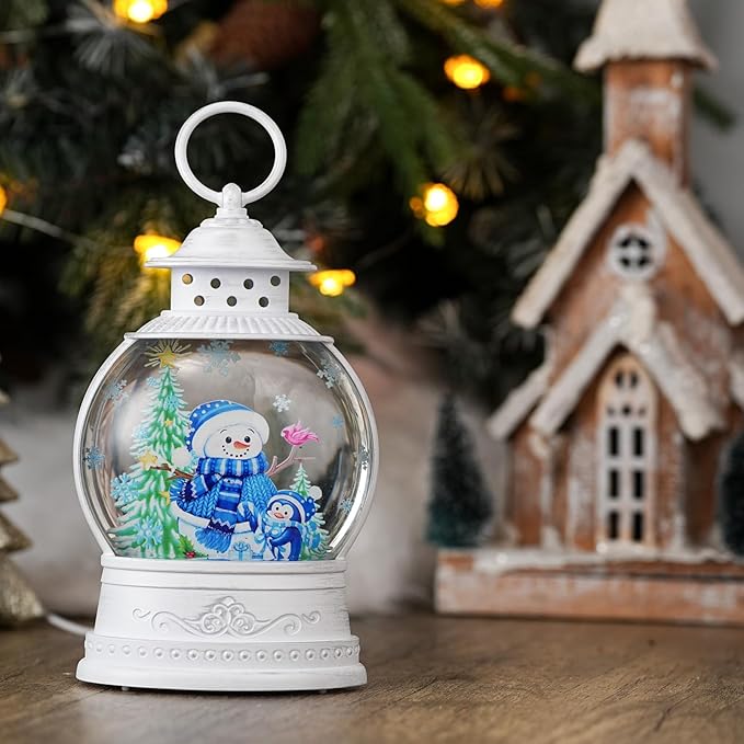 Christmas Snow Globes Lantern, Lighted Blue Snowman Decor with Music Timer Swirling Glitter Snow Globe Penguin Christmas Tree, USB or Battery Operated
