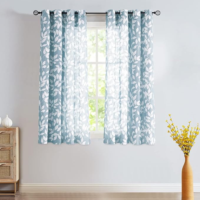 Blue White Curtains for Studio Living Room 54" Length Leaves Print Semi-Sheer Curtain Panels for Kitchen Window, Grommet Top, 2 Pack