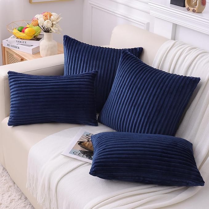 Simmore Decorative Throw Pillow Covers 22x22 Set of 2, Soft Natural Plush Flannel Double-Sided Fluffy Couch Pillow Covers for Sofa Living Room, Navy Blue