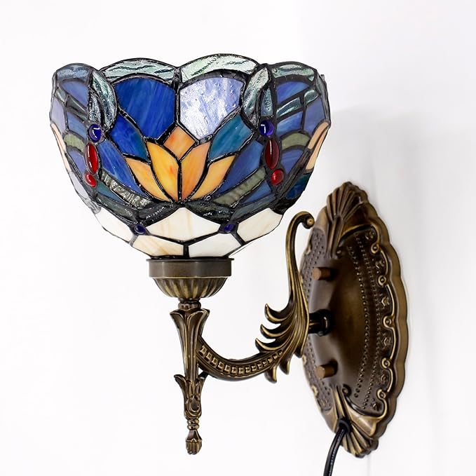 Tiffany Wall Sconce Lamp Blue Stained Glass Flower Style 8X10.5X11 Inch Plug in Wall Bedside Light for Hallway Bedroom (Blue Lotus Style)