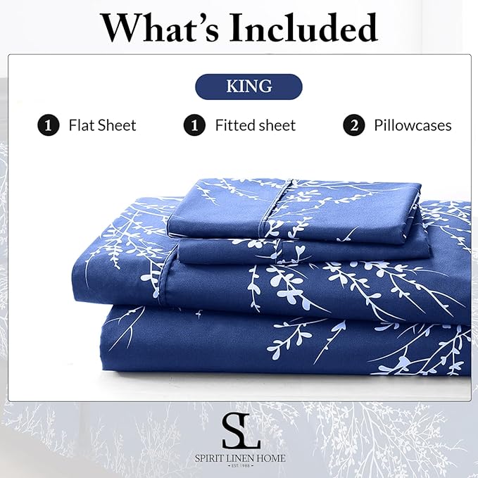 Spirit Linen home King Size Sheets Set - Pure Microfiber 4 Piece Polyester Bed Sheets, Fitted Sheet & Pillow Cases - King Sheets for All Seasons (Foliage Chocolate/White, King)