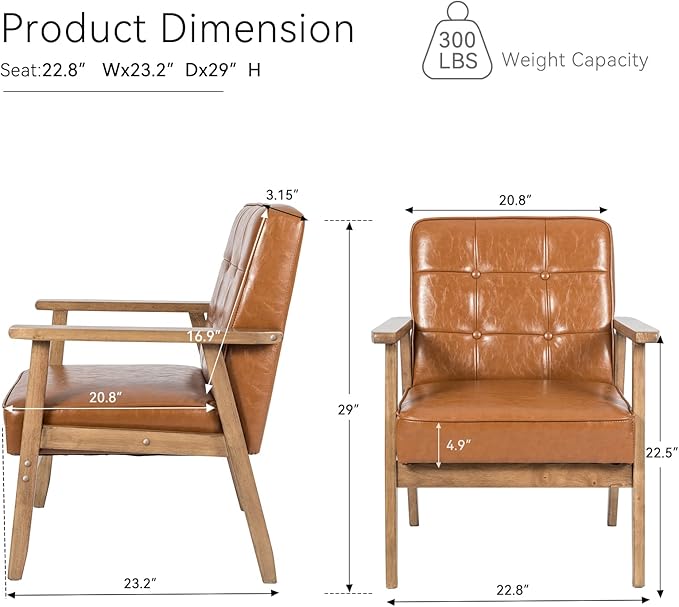 Okeysen Accent Chairs Set of 2, Mid Century Modern Accent Chair, Retro Wood and Leather Armchairs Side Chair, Lounge Reading Comfy Arm Chair for Living Room, Bedroom, Office(Brown)