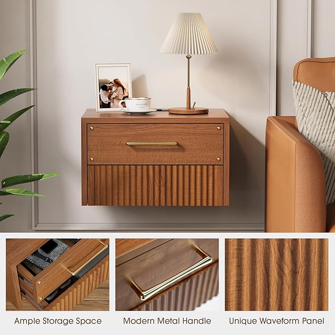 Floating Nightstand Set of 2 with Charging Station, Mid Century Modern Wood Wall Mounted Bedside Table with Storage Drawers & Fluted End Table for Bedroom, Home Small Space, Cherry, 2 PCS