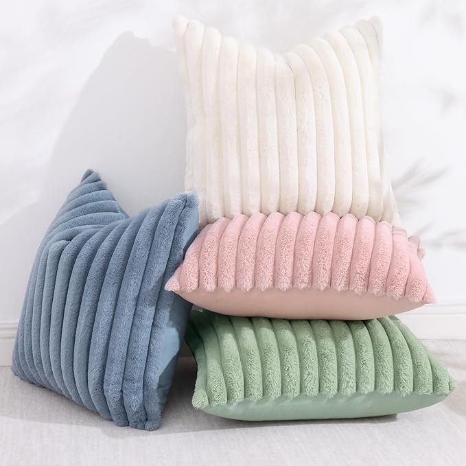 decorUhome Faux Fur Throw Pillow Covers 26x26 Set of 2, Decorative Soft Plush Striped Neutral Couch Euro Pillow Covers with Velvet Back for Sofa, Bed, Living Room Home Decor, Grey Blue