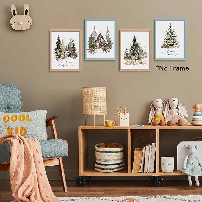 TLESKE Winter Deer Reindeer Christmas Carols Posters Prints Unframed Set of 4, Vintage Christmas Tree Wall Art Prints Decor for Living Room Bedroom, Joy to the World Wall Pictures, 12x16