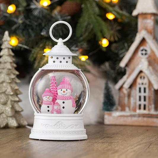 Christmas Snow Globes, Pink Snowman Family Musical Snow Globe Lantern with Timer, USB or Battery Operated, Lighted Christmas Home Decorations Indoor
