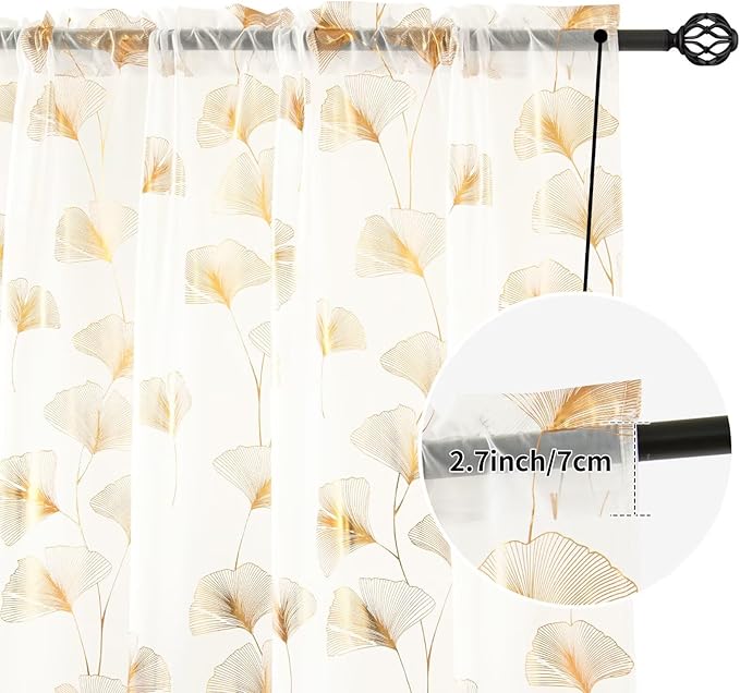 Gold Foil Print Sheer Curtains 63 inches Long, 2 Panels Ginkgo Bronzing Treatment Sheer Curtain, Rod Pocket Window Treatment Panels for Bedroom Living Room