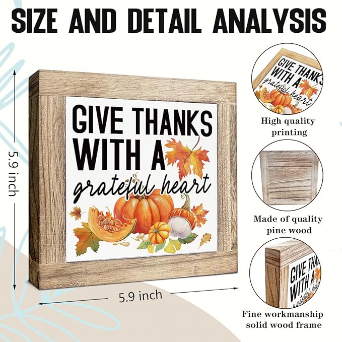 Fall Decor, Give Thanks with A Grateful Heart Signs, Pumpkin Harvest Decoration, Thanksgiving Home Farmhouse Decors, Wooden Decorative Fall Signs, Box Sign Wood Desk Sign Decor 5.9X5.9X0.7inches