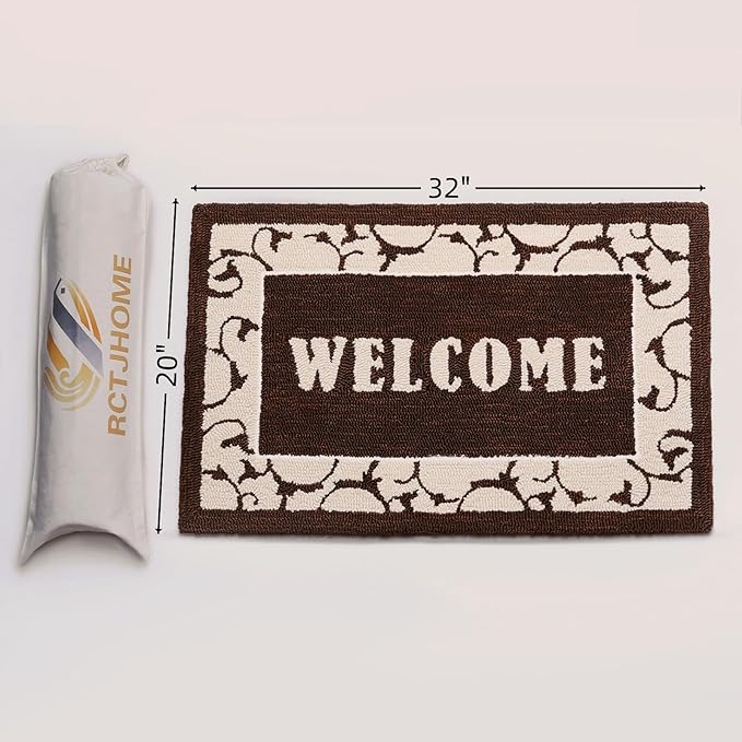 20"x32" Thick Entryway Indoor Mat, Dirt Trapping Door Mat, Americana Feel Hooked Rug, Heavy Duty Door Mat Outside Entrance, Shoe Scraper, Welcome Mat for Front & Back Door, Brown