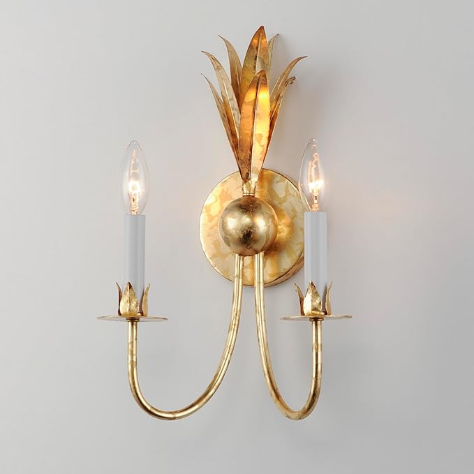 Maxim Lighting Paloma 2-Light Wall Sconce | Gold Leaf Finish | Biophilic Design with Iron Feather Plumes & Floral Bobeches | E12 Candelabra Base | Dimmable | Damp Rated | Model 2881GL