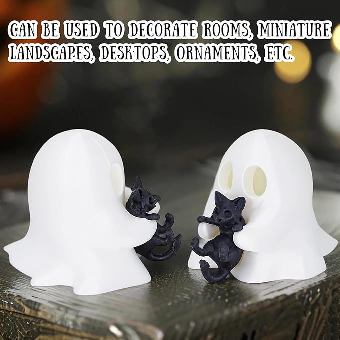 1 Pcs Halloween Ghost Figurine Cute Desktop Ornament Cute Cartoon Little Ghost Hugging Kitten Designs 3D Printing Spooky Halloween Statue for Home Offince Art Display Decor Suppies