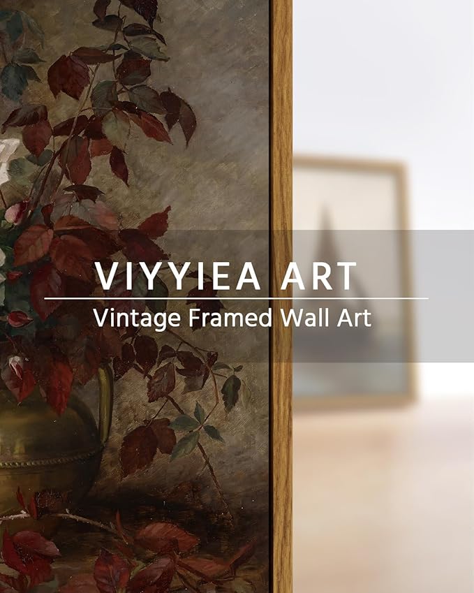 VIYYIEA Vintage Floral Framed Wall Art, Rose Bouquet Flower Paintings Decor Aesthetic, Canvas Print Artwork, Still Life Retro Wall Pictures for Bedroom Living Room, 11x14 Inch