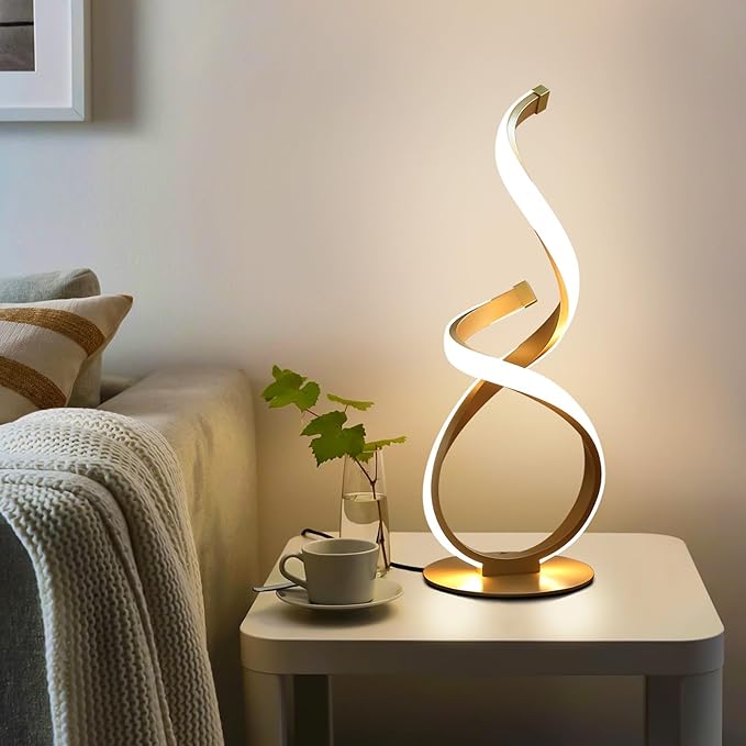 2 Pack Bedside Table Lamp, LED Spiral Desk Lamp, Touch Dimmable, 3 Color Temperature, Modern Nightstand Light for Night Stands, Unique Side Light for Bedroom, Living Room, Gold