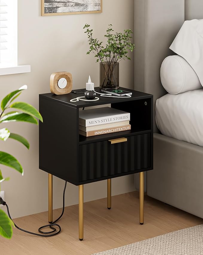 Masupu Nightstand with Charging Station,Mid-Century Modern Bedside Table with Storage Drawer and Open Wood Shelf,Small Gold Frame Side Table for Bedroom,Living Room (Black Fluted)
