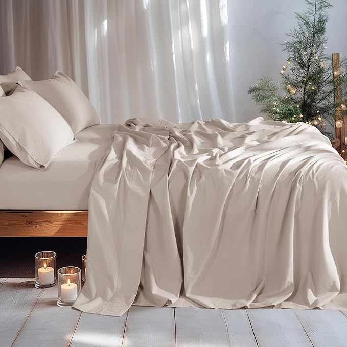 LBRO2M 100% Linen Sheet Set King Size, Bed Sheets 6 Piece Sets,Solid Color Natural Flax Bed Sheets Soft Breathable Bedding,16" Deep Pocket,All Season (King, Linen)