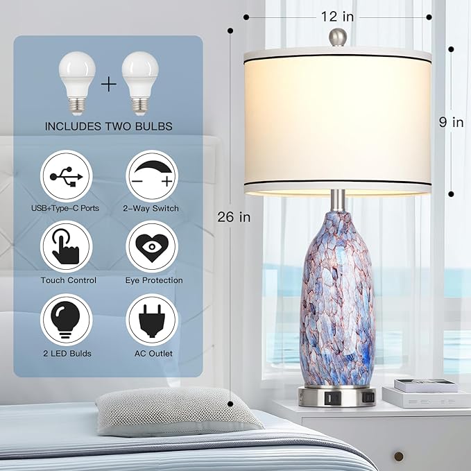 26" Coastal Glass Table Lamps Set of 2 for Living Room, 3 Way Touch Bedside Lamp for Bedroom, Nautical Beachy Lamp with USB A+C Ports and AC Outlet for Nightstand, 2 LED Bulbs Included