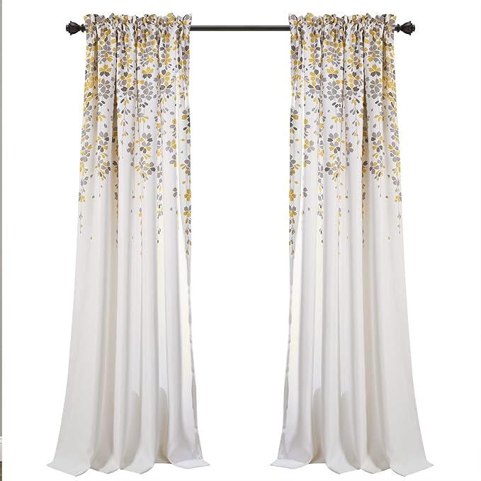 Lush Decor Weeping Flower Light Filtering Window Curtain Panels, Pair, 52"W x 84"L + 2" Header, Yellow & Gray - Charming Modern Floral Curtains for Living Room, Dining Room, & Bedroom