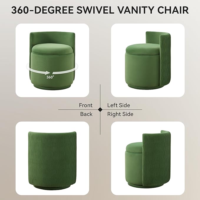 Velvet Vanity Chair with Storage, 360° Swivel Makeup Chair with Wave Back, No Assembly Small Accent Stool for Bedroom, Dressing, Living Room, Green