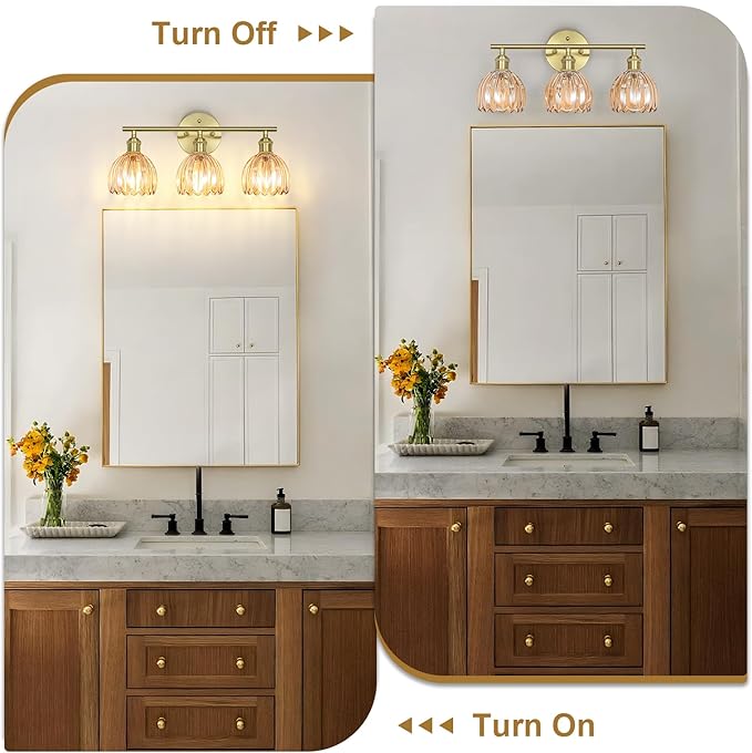 Vintage Bathroom Light Fixtures,3-Light Hardwired Vanity Lights Over Mirror,Gold Wall Sconces with Amber Tulip Glass Shade for Bathroom Living Room,E26 Socket(Bulbs Not Included)
