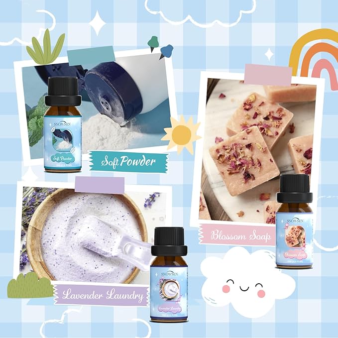 Clean Essential Oils Set, SNOWSEN Fragrance Oil for Diffuser, Wool Dryer Balls, Candle, Soap Making, Fresh Cotton, Fresh Linen, Lemongrass, Soft Powder, Lavender Laundry, Blossom Soap Scented Oil