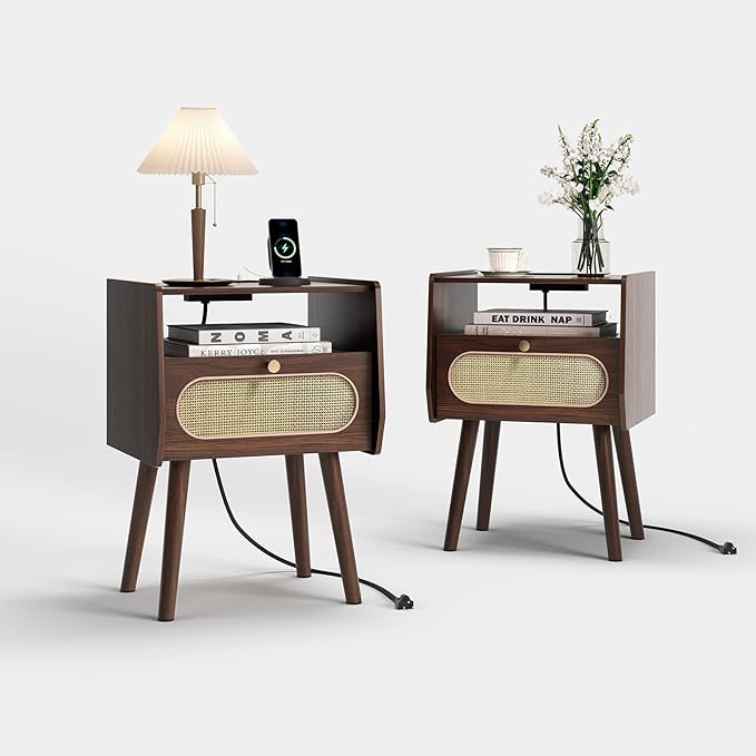 Nightstand Set of 2, Rattan Night Stands with Charging Station, Mid Century Modern Bedside Table with Drawer, Boho Dark Brown End Table with Storage, Wood Side Table for Bedroom, Dark Walnut