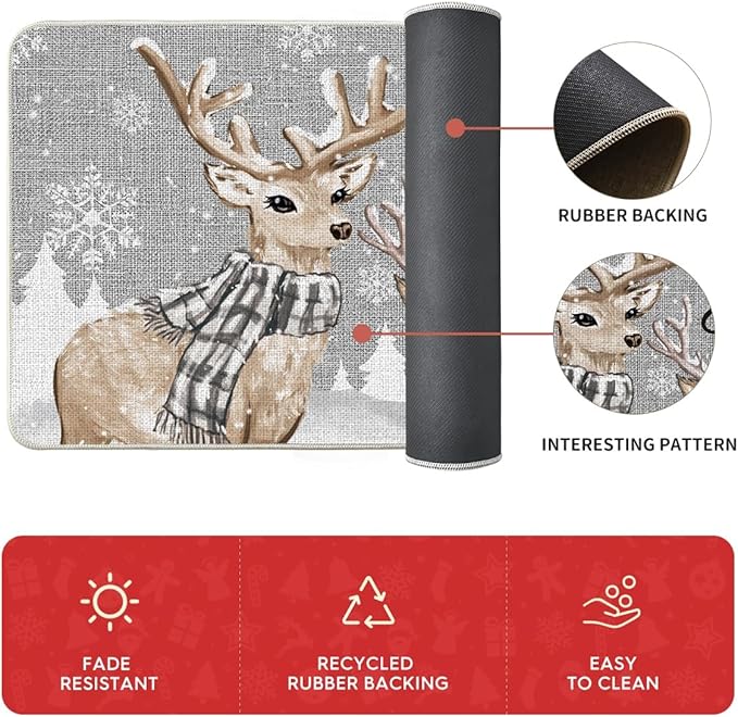 Artoid Mode Xmas Trees Deer Snowflakes Christmas Kitchen Mats Set of 2, Winter Home Decor Low-Profile Kitchen Rugs for Floor - 17x29 and 17x59 Inch