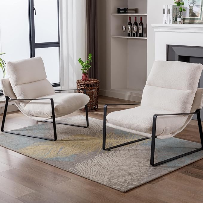 Mid-Century Accent Chair, Comfy Sherpa Fabric Side Chair with Armrest, Upholstered Leisure Chair with Black Metal Frame for Living Room Bedroom Reception Room, White