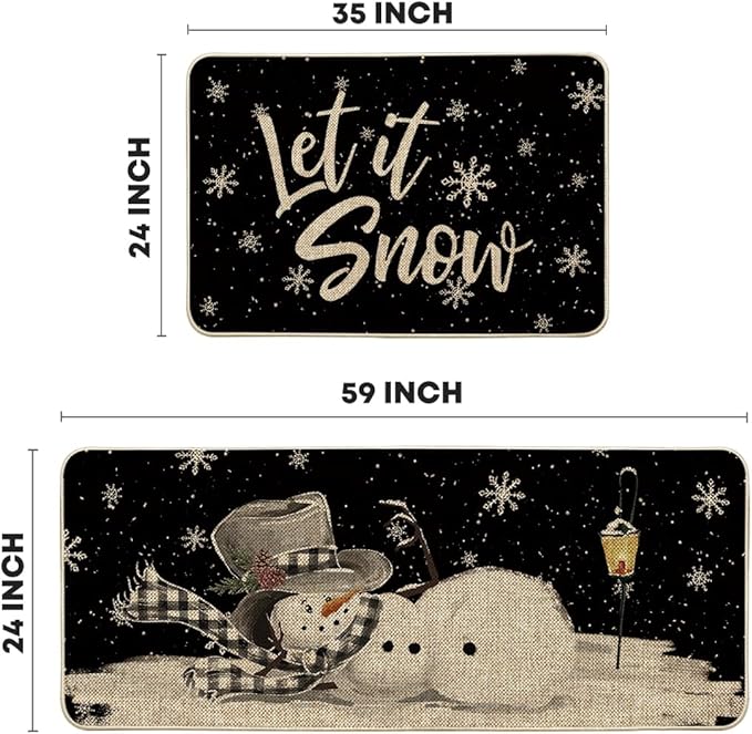 Artoid Mode Let It Snow Snowflake Snowman Light Christmas Decorative Kitchen Mats Set of 2, Home Party Low-Profile Kitchen Rugs - 24x35 and 24x59 Inch