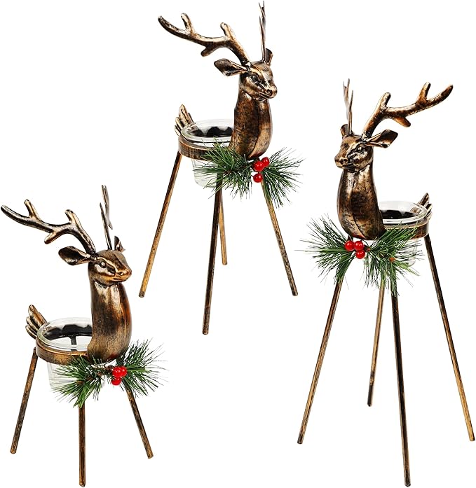 Juegoal Set of 3 Reindeer Tealight Candle Holders, Standing Iron Metal Christmas Decorations, Glass Votive Candle Holder, Durable and Rust-Proof Holiday Tabletop Centerpiece and Display