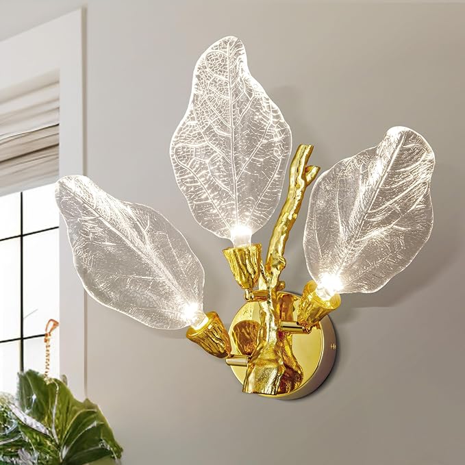 LED Gold Wall Sconces, Dimmable Modern Wall Lights, Bionic Leaf Vanity Light Fixtures for Bathroom, Bedside Wall Lamp Perfect for Bedroom, Living Room, Kitchen,Hallway (1 pcs,Gold)
