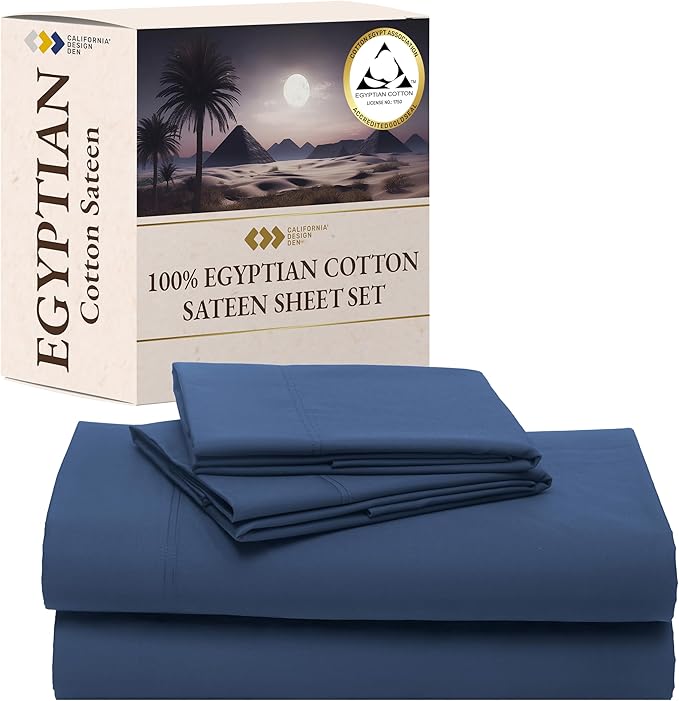 California Design Den Full Size Bed Sheets Set - Certified 100% Egyptian Cotton Sheets, Soft Sateen, Deep Pockets with Anti-Skid Elastic, Cool and Durable Luxury Bedding - Navy Blue