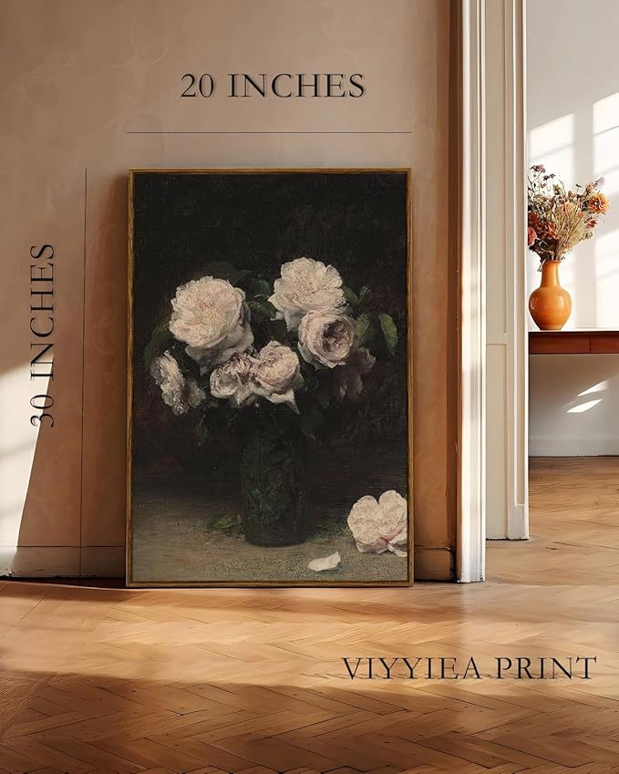 VIYYIEA Vintage Floral Large Framed Wall Art, Rose Flower Paintings Art Decor Room Aesthetic, Canvas Print Artwork, Retro Still Life Wall Pictures for Bedroom Bathroom Office, 20x30 Inch