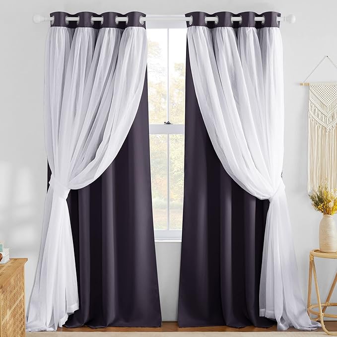 NICETOWN Blackout Curtains for Living Room Window Covering Double Layer Drapes with Sheer Overlay Thermal Insulated Farmhouse Rustic Design for Bedroom, W52 x L84 Inches, Greyish Purple, 2 Panels